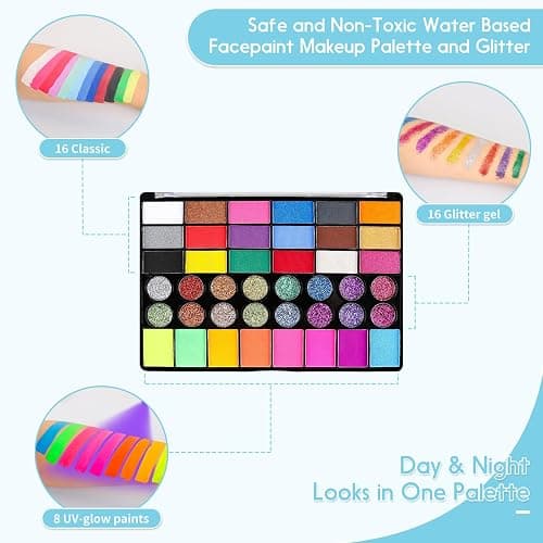 Pintada 42 Color Face Painting Kit for Kids - Non Toxic Water Activated Face Paint Palette With Stencils, Brush, Gems. For Carnival, Halloween, Costume Makeup and Any Creative Activity with Kids thumbnail 5