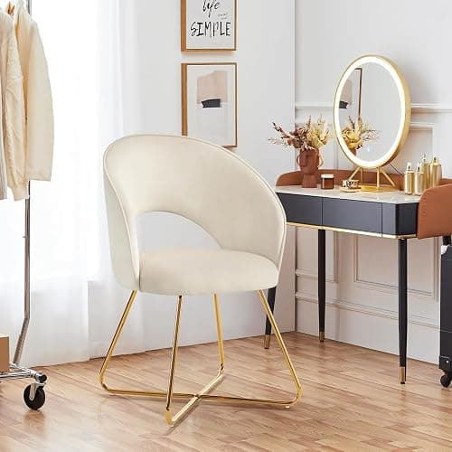 Furniliving Velvet Vanity Chair with Curved Back, Upholstered Barrel Desk Chair with Gold Legs, Mid Century Modern Accent Chair for Living Room, Dressing Room, Bedroom, Khaki thumbnail 3