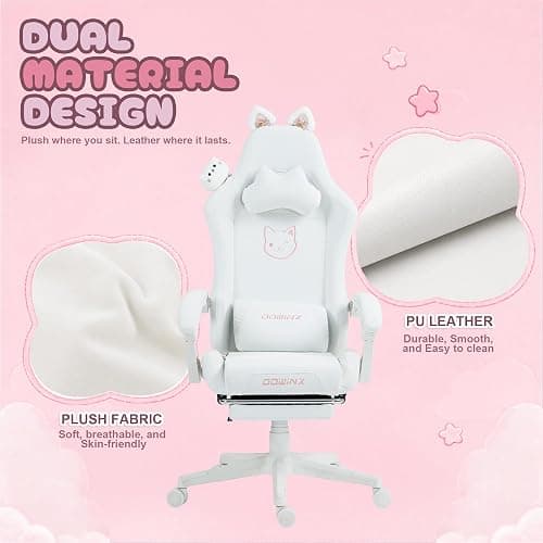 Dowinx Gaming Chair with Cat Ears and Massage Lumbar Support, Ergonomic Computer Chair with Footrest and Headrest, Comfortable Reclining Game Chair 290lbs for Adults, White thumbnail 6