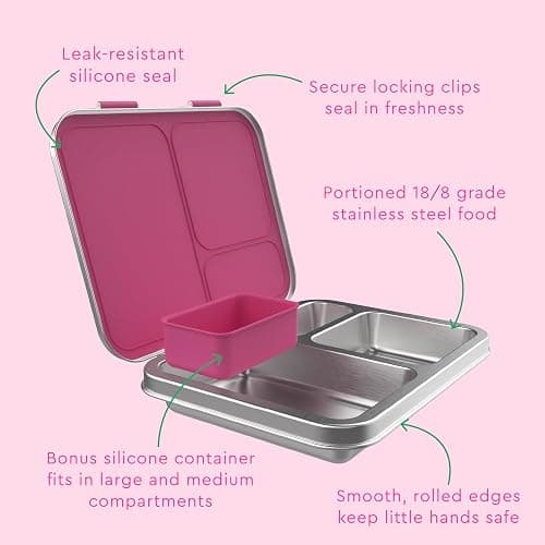 Bentgo Kids Stainless Steel Leak-Resistant Lunch Box - 3-Compartments with Bonus Silicone Container, Durable, Eco-Friendly, Dishwasher Safe, BPA-Free, Ideal for School, Ages 3+ (Fuchsia) thumbnail 7