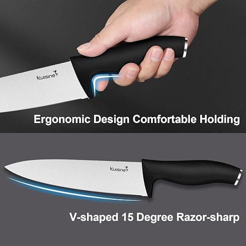 Kuisine Kitchen Knife Set With Block and Sharpener 15 pieces High Carbon Stainless Steel Sharp Professional Appliances Black thumbnail 5