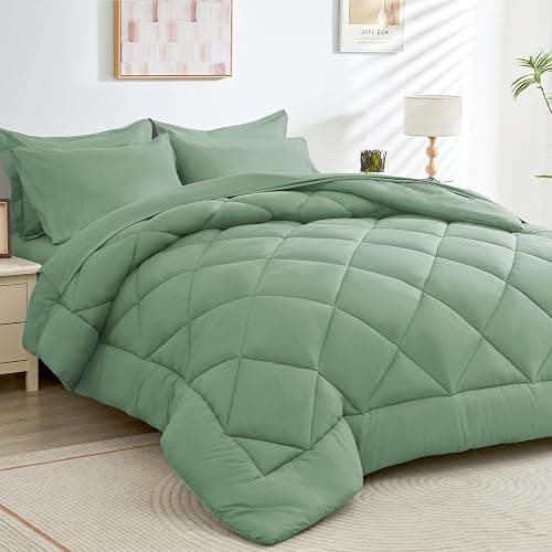 HEVUMYI Light Green Queen Comforter Set - 7-Piece All Season Bed in a Bag Queen, Ultra Soft Bedding Set with Comforter, Flat Sheet, Fitted Sheet, Pillowcases, Pillow Shams - Light Green - Queen - Image 1
