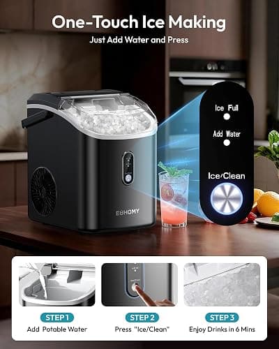 EUHOMY Nugget Ice Maker Countertop with Handle, Ready in 6 Mins, 34lbs Per Day, Removable Top Cover, Auto-Cleaning, Portable Sonic Ice Maker with Basket and Scoop, for Home/Party/RV/Camping (Black) thumbnail 6