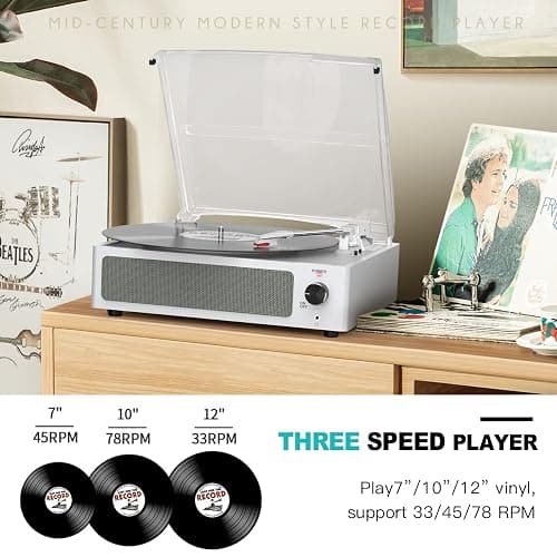 Vinyl Record Player with Speakers Vintage Turntable for Vinyls Records, Belt-Driven Turntable Support 3-Speed, Wireless Playback, Headphone, AUX-in, RCA Line LP Vinyl Players for Sound Enjoyment White thumbnail 3