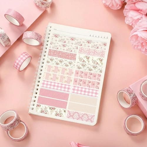 YooNotee 12 Rolls Watercolor Floral Washi Tape Set 15 mm Vintage Flower Decorative Masking Tape for Spring Arts DIY Craft Scrapbook Journal Supplies Gift Wrapping(Light Pink,Polka Dots and Floral) thumbnail 3