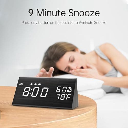 Digital Alarm Clock, with Wooden Electronic LED Time Display, 3 Alarm Settings, Humidity & Temperature Detect, Wood Made Electric Clocks for Bedroom, Bedside (Black) thumbnail 4