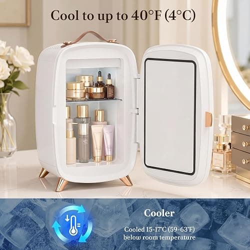 Electactic 6L Mini Skincare Fridge with LED Mirror, Beauty Fridge, White | 7° tilted mirror, 3 lighting modes, quiet thermoelectric cooling, removable shelf, space-saving design thumbnail 4