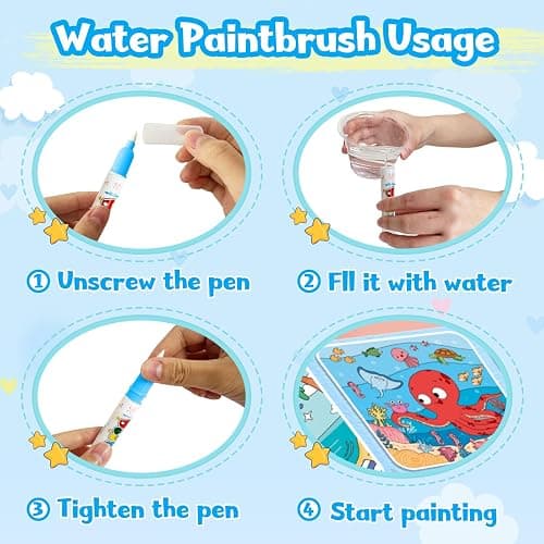 Water Painting Book for Kids - 4 Pack Magic Water Coloring Book with Water Pen Themes - Mess Free Water Art Book for Toddlers,No Mess Paint Coloring & Reusable Fun for Ages 3+ Travel Activity Toys thumbnail 6