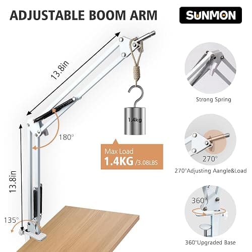 For HyperX QuadCast S White Boom Arm - White Mic Arm Compatible with Hyper x QuadCast, Microphone Boom Arm with Pop Filter, Improve Sound Quality, Mic Boom Arm for Hyperx QuadCast by SUNMON thumbnail 4