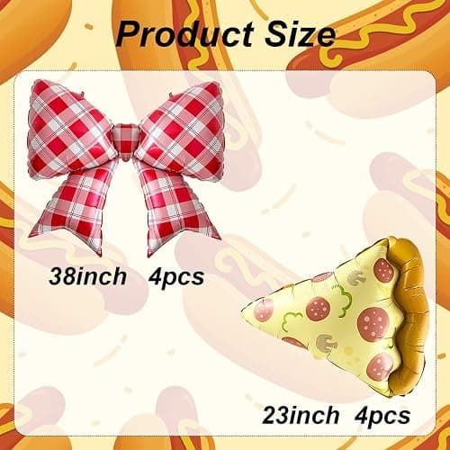 8Pcs Pizza Balloons, Red Bow Balloons for Birthday Decorations, Baby Shower | 23 Inch Pizza Foil Balloons for Pizza Themed Party Decor, Red and White Gingham Bow Balloon for Food Themed Party Supplies thumbnail 2