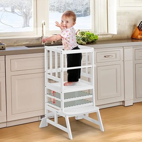 COSYLAND Kids Kitchen Step Stool, Height Adjustable Toddler Standing Tower Nursery Helper with CPC & FSC Certification, Removable Safety Railing Enjoys Exclusive Paten，White - Image 1
