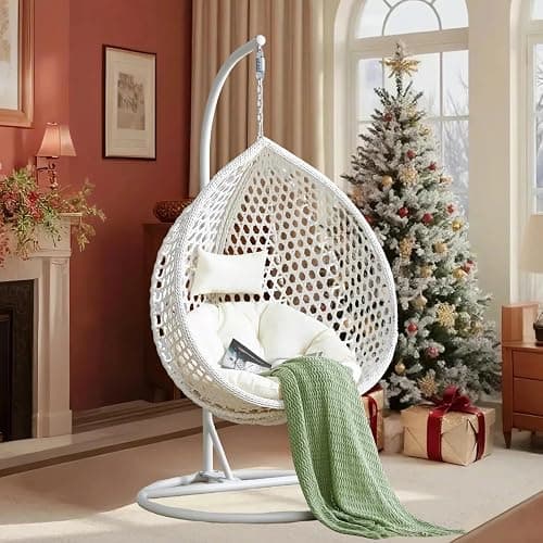 Hanging Egg Chair Outdoor Indoor,Wicker Swing Egg Chair with Stand, 300lbs Capacity for Bedroom Patio Garden Balcony Yard (White) thumbnail 4