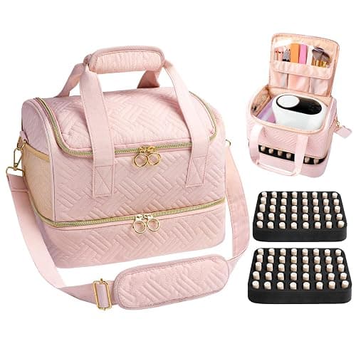 Veirdro Nail Polish Organizer Bag Holds 80 Bottles (15ml/0.5fl.oz)& Nail Lamp, Soft Velvet Nail Kit Storage Carrying Case with Shoulder Strap, Double Layer Nail Supplies Organizer Handbag Women (Pink) - Image 1