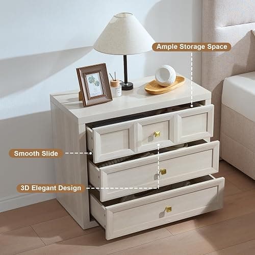 3 Drawers Nightstand with Charging Station, 30.7" King Size Bedside Table with 3 Drawers, Accent End Table W/Large Storage, Modern Wood Side Table for Bedroom,Office, Beige (1 Piece, Beige) thumbnail 6