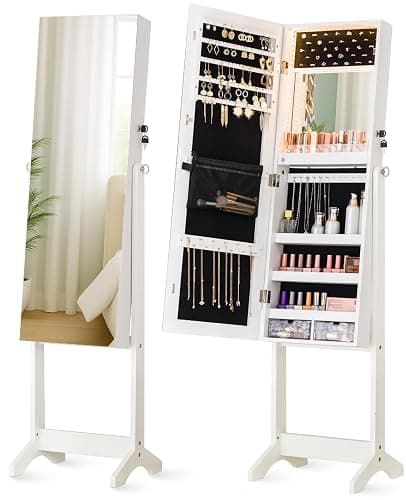 LUXFURNI LED Light Mirror Jewelry Cabinet Standing Jewelry Armoire, 60" Full Length Mirror with Storage, Built-in Makeup Mirror, 3 Adjustable Angles, Lockable Jewelry Mirror Organizer, White - Image 1