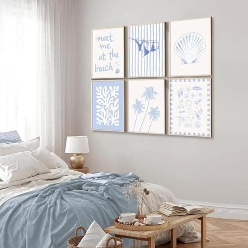 Blue Coastal Wall Art Decor Beach Preppy Canvas Poster Coastal Granddaughter Prints Aesthetic Beachy Picture Summer Bikini Coast Artwork Ocean Cute Shell Painting for Girly Dorm 8x10x6 Inch Unframed thumbnail 4