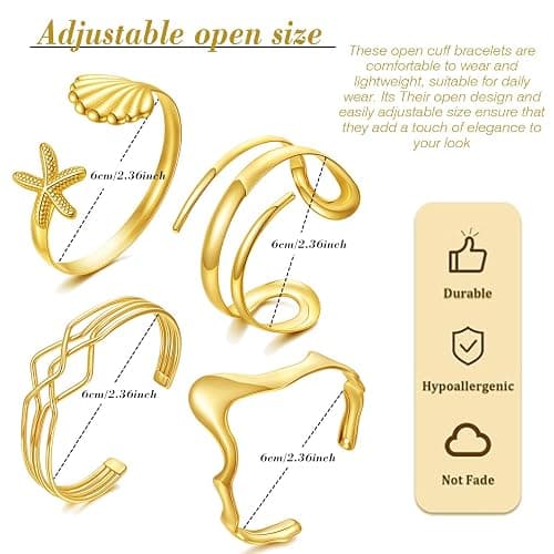 BROCC 4PCS 14K Gold Plated Stackable Cuff Bracelets Set for Women Adjustable Open Cuff Bangle Bracelet Hammered Wrist Thin Minimalist Gold Cuff Bracelets thumbnail 2
