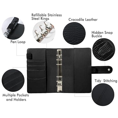 A5 6 Ring Binder Cover Crocodile - Large PU Leather Notebook Binder with Hidden Snap Buckle, Refillable Budget Planner, Black thumbnail 3