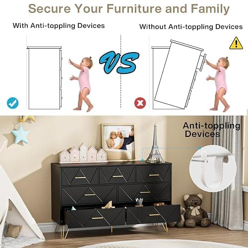JOZZBY Dresser for Bedroom, 7 Drawer Black Wooden Dresser with Gold Handles, Modern Storage Dressers & Chests of Drawers for Hallway, Entryway thumbnail 8