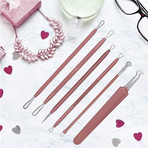 JPNK Blackhead Remover Tool Comedones Extractor Acne Removal Kit for Blemish, Whitehead Popping, 6 Pcs Zit Removing for Nose Face Tools with a Leather Bag (Pink) thumbnail 5