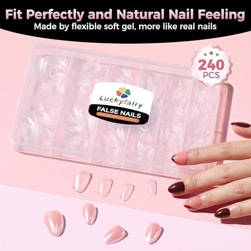 Luckyfairy Extra Short Almond Nail Tips, 240pcs Soft Gel Pre-Shaped Acrylic Fake Nails, Half Matte Full Cover Clear Gelly Press on Flase Nail Tips for Extension Nail Manicure Home DIY 12 Sizes thumbnail 8