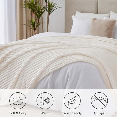BEDELITE Blankets Queen Size for Bed, 300GSM Soft & Warm Fleece Blanket, Decorative and Giftable Striped Cream White Blankets for Women, Men, 90"x90" thumbnail 7