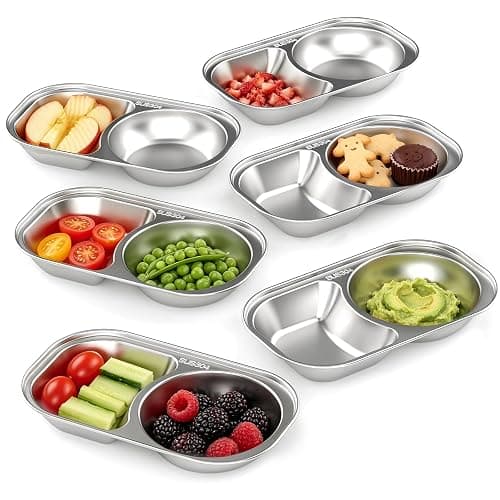 Bakpoco Stainless Steel Toddler Plates Set of 6, 2-compartment Kids Plates for Snack Portion Control, Small Divided Plate for Baby Feeding & Adults Camping, Non-toxic Dishwasher Safe Metal Dish - Image 1