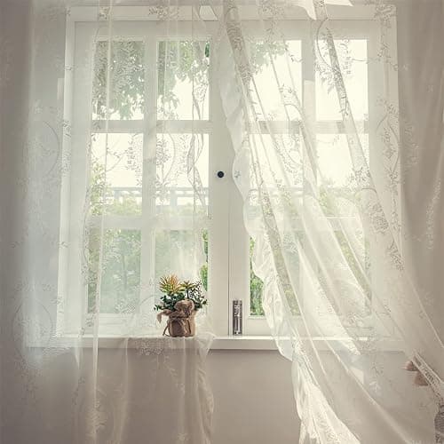 Deeprove Ivory Lace Curtains 84 Inches Long 2 Panels Set, French Cream Sheer Florals Scallop Ruffle Edge, Shabby Chic Vintage Window Treatment Pair Decor Drapes for Bedroom, Living Room, W57 x L84 thumbnail 6