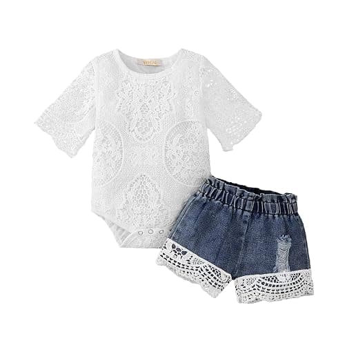 Voonlie Newborn Baby Girl Clothes Infant Girl Lace Romper Ripped Jeans Clothing Set - Image 1