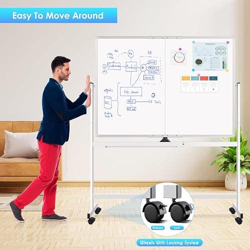 maxtek Rolling Whiteboard, 48x36 Large Magnetic White Board with Stands, Big Double-Sided White Board Dry Erase on Wheels for Homeschool, Home Office, Office, School (Silver, 48 x 36) thumbnail 4