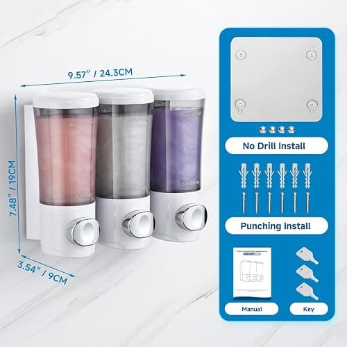 Shampoo and Conditioner Dispenser No Drill Shower Soap Dispenser Wall Mounted Shower Dispenser 3 Chamber with Upgrade Smooth Pump Head Bathroom Body Wash Soap Dispenser Set 450ml*3 White thumbnail 2