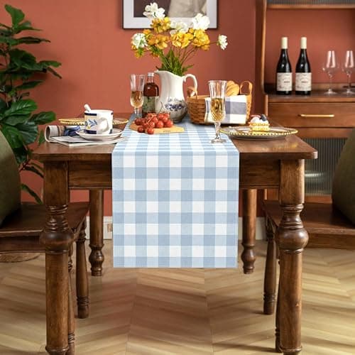 Buxiuer Dusty Blue Gingham Table Runner Light Blue Checkered Boy Girl Baby Shower Birthday Party Decoration Home Dining Kitchen Island Decor (13" x 72") thumbnail 6