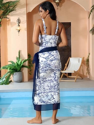 SherryDC One Piece Swimsuit with Cover up Wrap Skirt Sarong Floral Print Plunge V Neck Bathing Suit for Women thumbnail 5