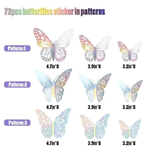 SAOROPEB 3D Wall Decor, 72 Pcs 3 Sizes 3 Styles, Removable Butterfly Stickers for Room Decor, Party Balloons, Cake Decoration, Laser thumbnail 6