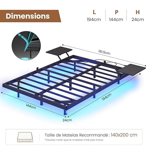 AOGLLATI Lit 2 Personnes avec 2 Étagères de Chevet,Cadre de Lit avec 140 x 190 avec Sommier Métal,Multiprise et Éclairage LED, 24 CM de Rangement pour Chambre, Noir thumbnail 2