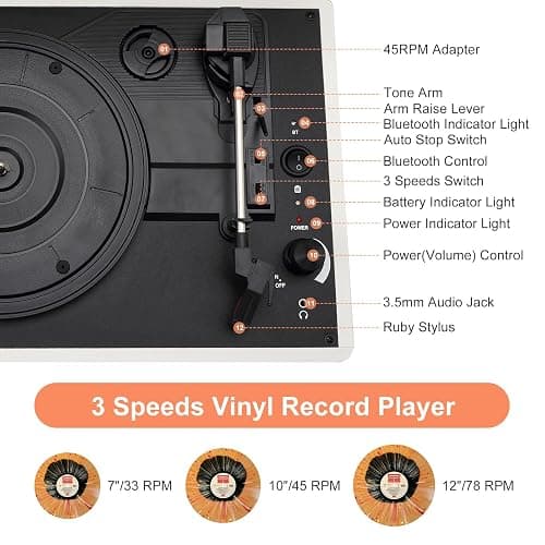3-Speed Vinyl Record Player Turntable Portable Suitcase with Bluetooth, Rechargeable Battery, Aux/RCA/Headphone Jacks, Compact Retro Design for Vinyl Lovers thumbnail 2