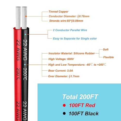 22 awg Silicone Electrical Wire 2 Conductor Parallel Wire line 200ft [Black 100ft Red 100ft] 22 Gauge Soft and Flexible Hook Up Oxygen Free Stranded Tinned Copper Wire - 22awg/0.3mm² thumbnail 2