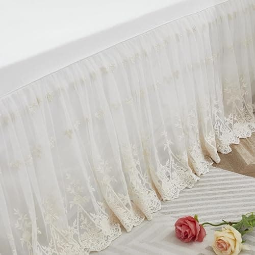 Brandream Luxury Ivory White Lace Bed Skirt Queen Size Split Corners Romantic Vintage Girls Bed Cover Dust Ruffle Bed Skirts 18 Inch Drop thumbnail 3