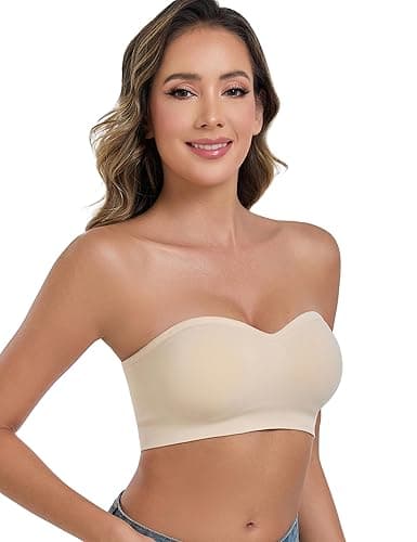 ANGOOL Strapless Bras for Women Wirefree Non-Slip Tube Top Invisible Bralette Seamless Padded Bandeau Bra - Large - Beige thumbnail 2