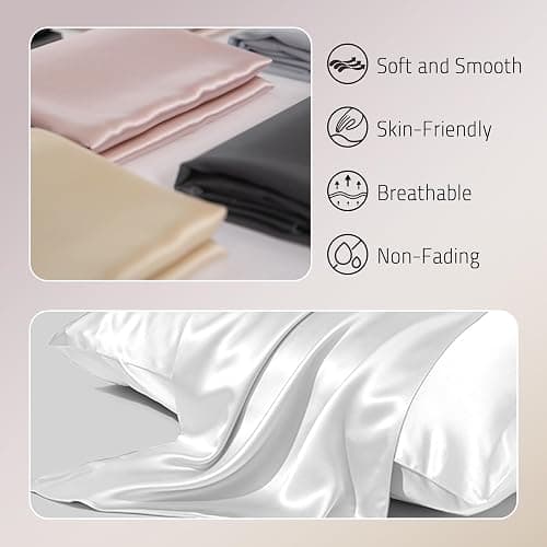 Gabire Mulberry Silk Pillow Cases Set of 2, Both Sides Real Silk Pillowcase for Hair and Skin Prevent Acne Pillowcase Organic Silk Pillowcases 2 Pack with Hidden Zipper, White, Standard (20"×26") thumbnail 2