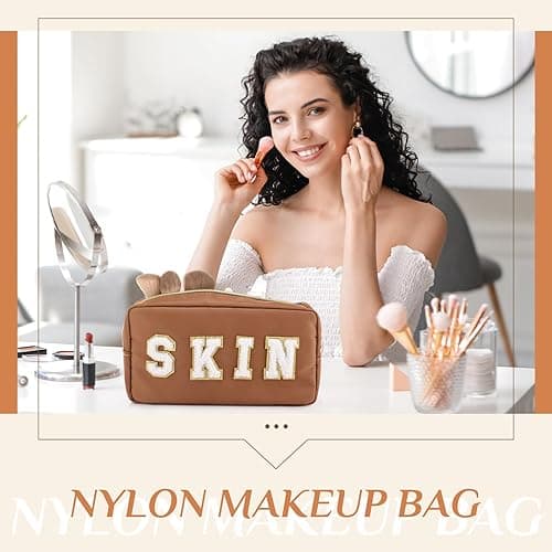 Cunno 4 Pcs Preppy Makeup Bags Chenille Letter Stuff Bag Nylon Cosmetic Pouch Cases with Zipper for Women Travel Toiletry - Brown Set thumbnail 4
