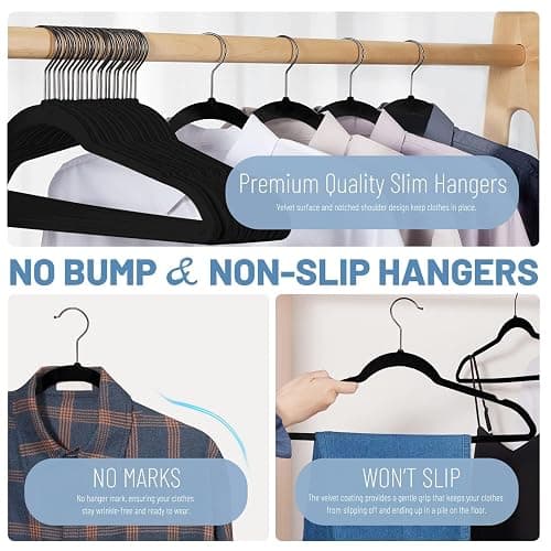 HOUSE DAY Black Velvet Hangers 60 Pack, Velvet Clothes Hangers Non Slip Felt Hangers, Heavy Duty Coat Hangers for Closet, Ultra Slim Hangers Black Hangers Space Saving Hangers for Suits, Shirt - 60 Pack - Black thumbnail 4