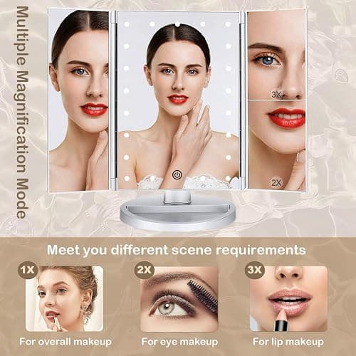 Flymiro Tri-fold Lighted Vanity Makeup Mirror with 3x/2x Magnification,21 LEDs Light and Touch Screen,180 Degree Free Rotation Countertop Cosmetic Mirror,Travel (White) thumbnail 4