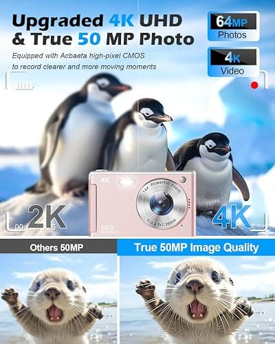 UHD 4K Digital Camera, Upgrade True 50MP Vlogging Camera, 16X Digital Zoom, 32GB High-Speed SD Card, Autofocus, 2.8'' LED Screen, Anti-Shake, 2 Large Batteries, for Kids Student Teens Adult Beginner thumbnail 2