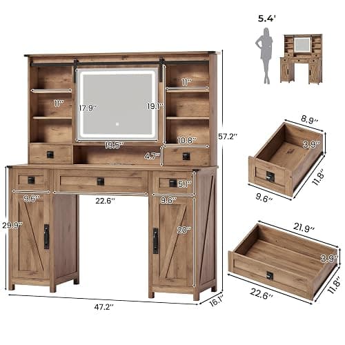 Makeup Vanity Desk with Lights, 47.2" Farmhouse Vanity Table with Sliding Mirror & Charging Station, Large Makeup Desk with 5 Drawers & 2 Cabinets, Rustic Oak thumbnail 2
