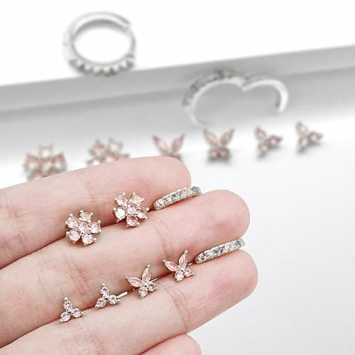20G Gold Studs Earrings for Women,14K Gold Plated Hypoallergenic Butterfly Earrings for Girls,4 Pairs Flower/Butterfly/Cubic Zirconia Cute Earring and Trendy Huggie Hoop Dainty Multipack Earring Sets thumbnail 6
