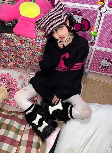 CHERSE Furry Leg Warmers for Women 3in1 Kawaii Star Bone Plush Y2K Leg Socks Pink Lolita Faux Fur 80s Harajuku Punk Gothic thumbnail 4