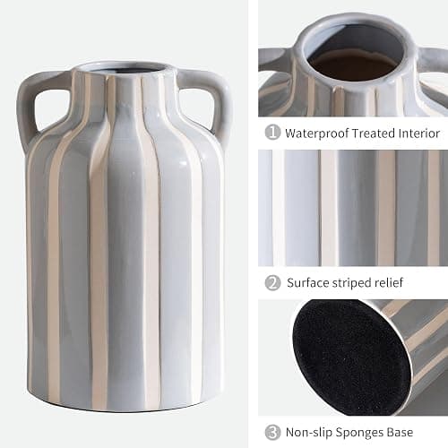 Ceramic Grey and White Checkered Stripes Vase with Handles, Hand-Painted Modern Minimalist Bohemian Floral Vases Home Decor, Cottage Core Decor, Flower Vase for Bouquet Mantle Kitchen Bookshelf 9.1 In thumbnail 5