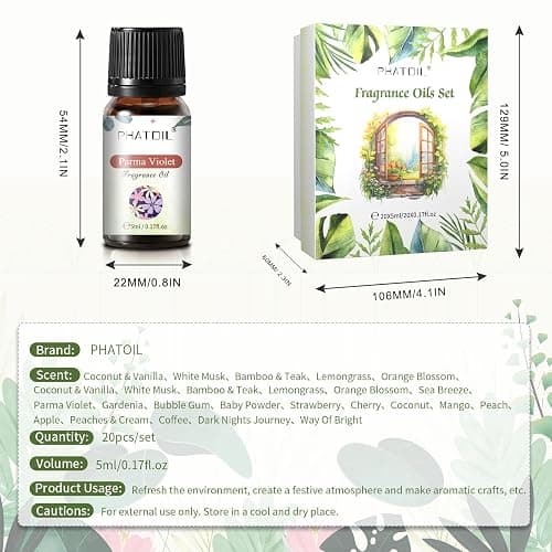 PHATOIL Coconut 20 Pcs Fragrance Oil Set, Premium Fragrance Oil, for Humidifier, DIY Candle & Soap Making Scent, Aromatherapy Diffuser Oils Set (5ML) thumbnail 7