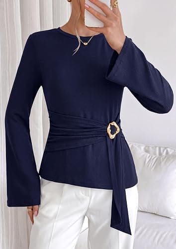 PRETTYGARDEN Asymmetrical Tops for Women Long Sleeve Top | Dressy Casual Blouses Shirts, Elegant Belted Peplum Tops for Going Out, Work, Business Casual Outfits, Fall Fashion Clothes thumbnail 7